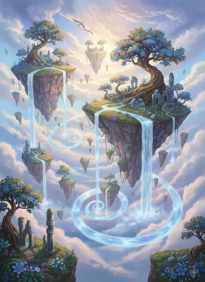 Surreal landscape with floating islands